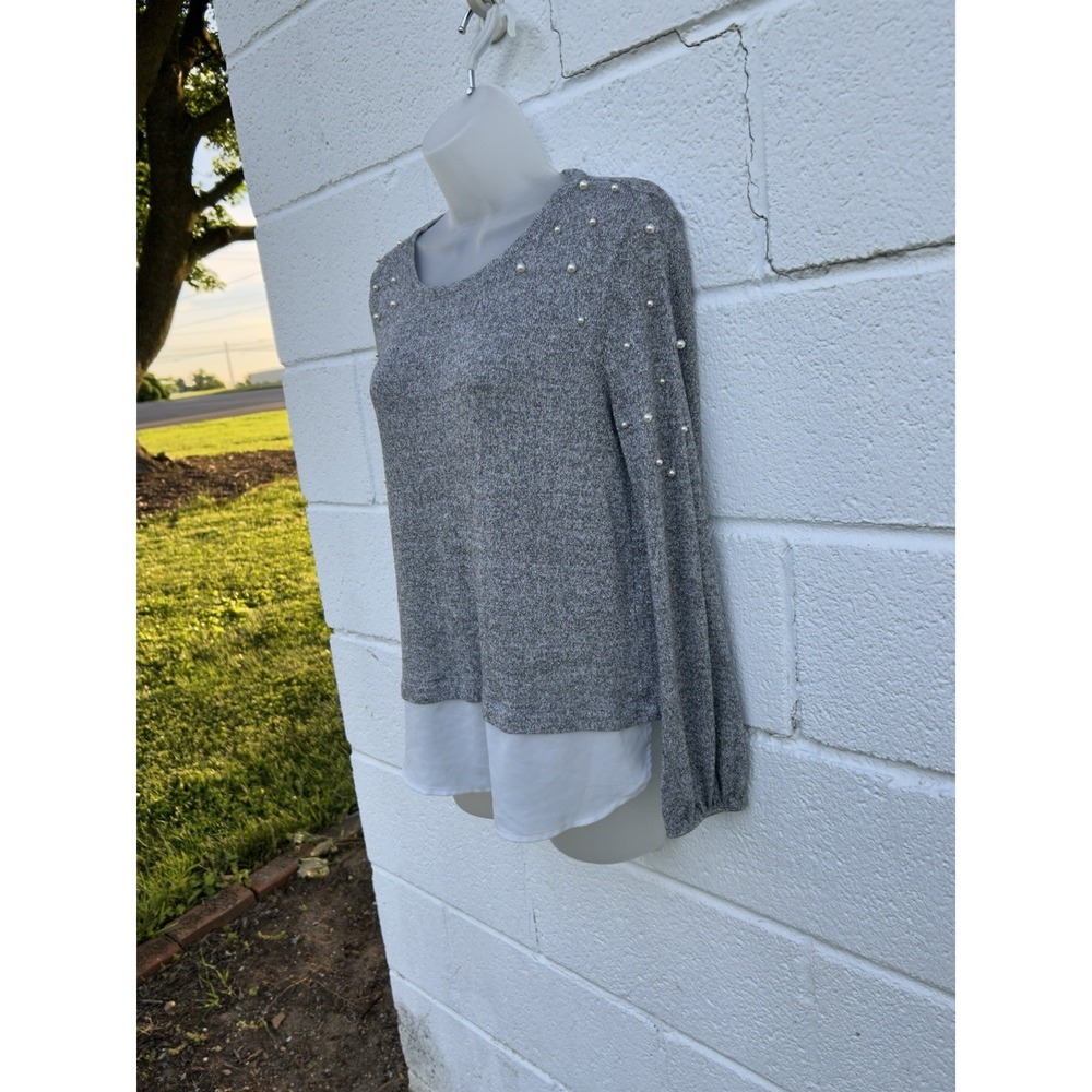 NY&Co SOHO Women's S Gray Sweater Pearls  Layered Look Lt Weight Shimmer L/S - Picture 5 of 7